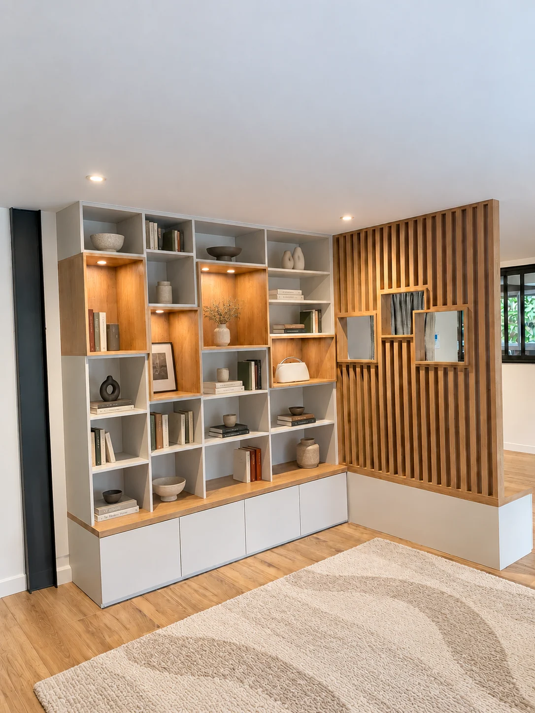 Bibliothèque sur mesure et claustra en bois avec trois miroirs intégrés