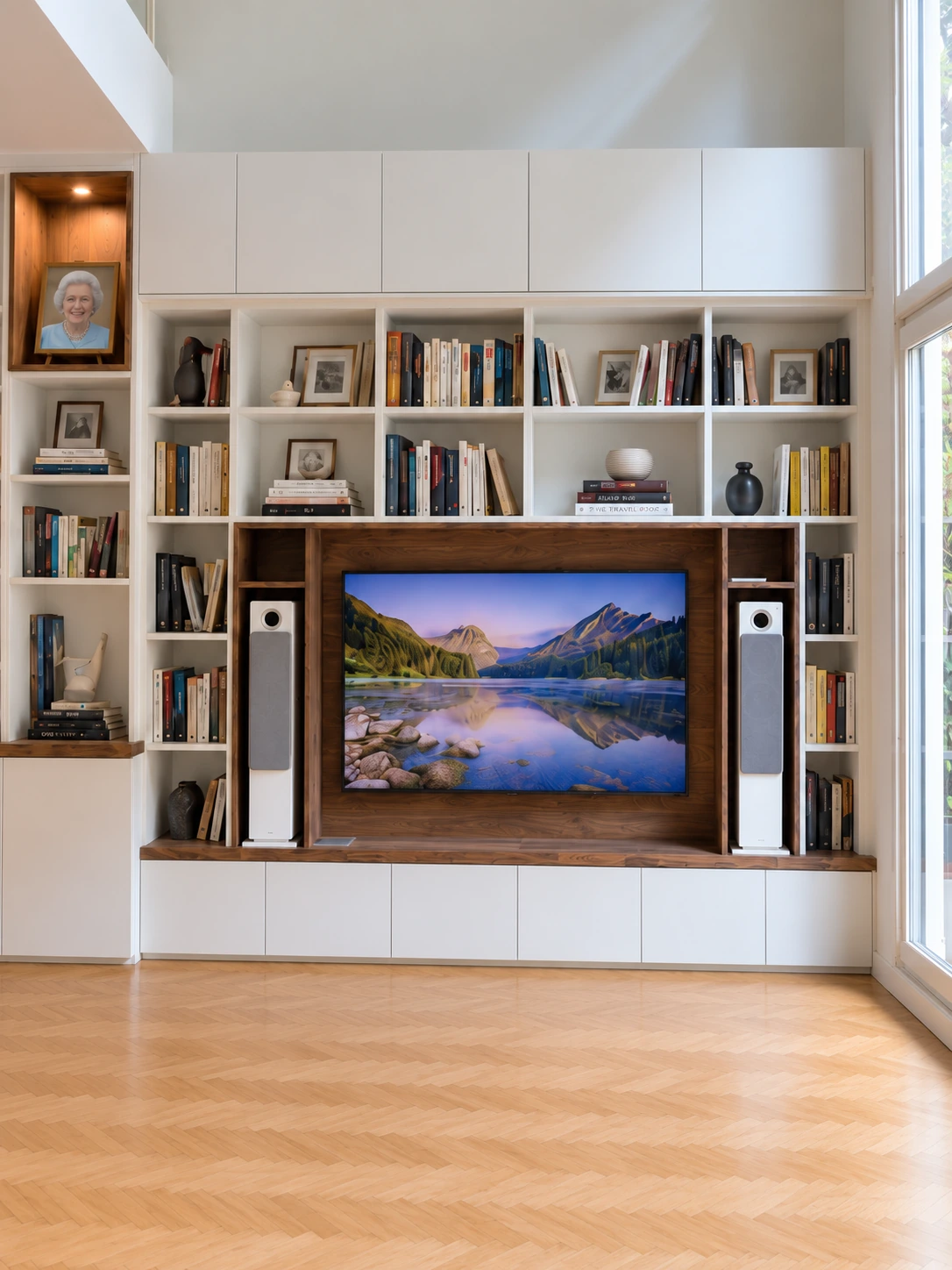 Meuble TV intégré, enceintes et étagères dans le prolongement de la bibliothèque