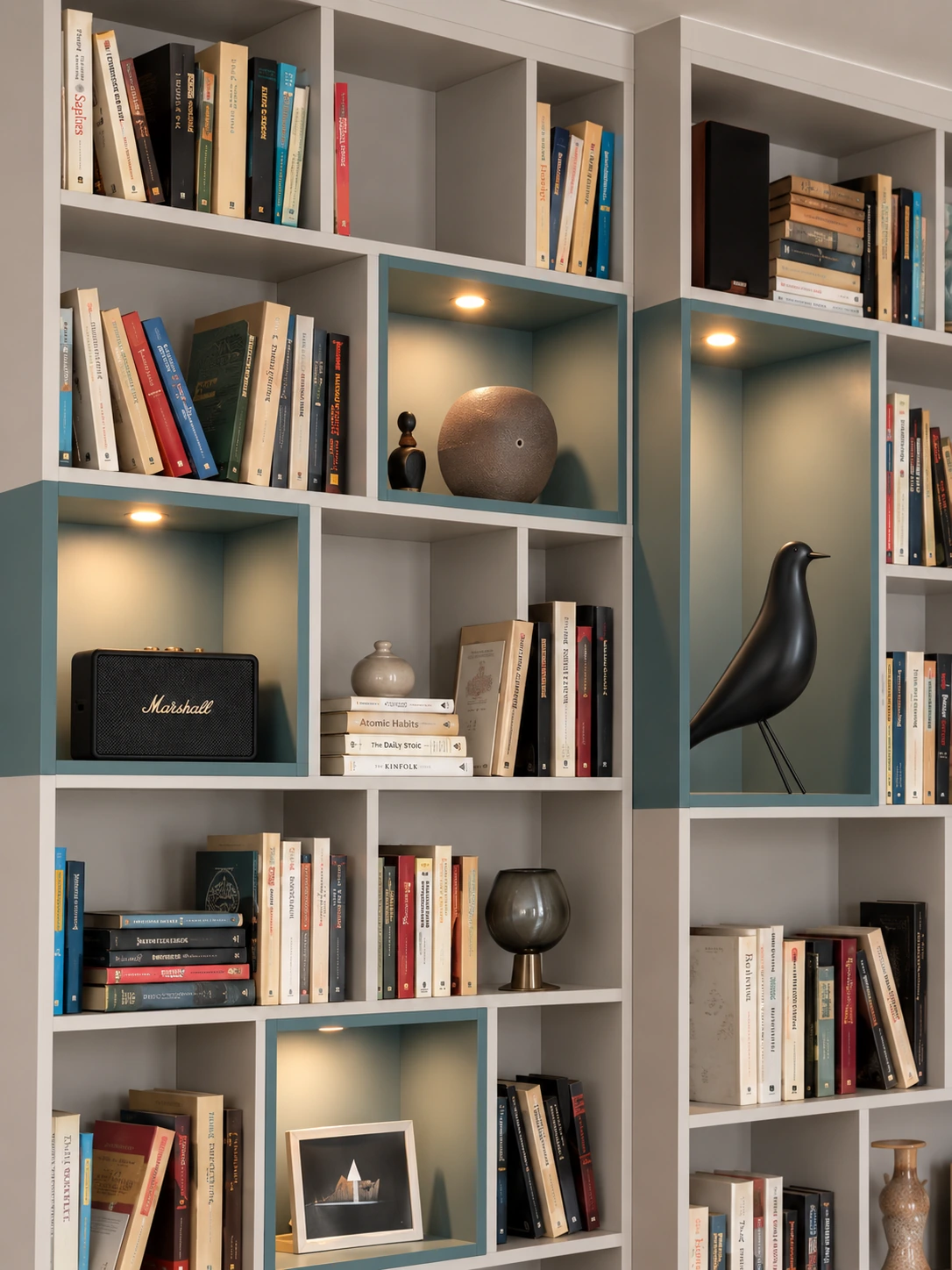 Détail des niches bleu-vert, de l’enceinte Marshall et de l’oiseau décoratif
