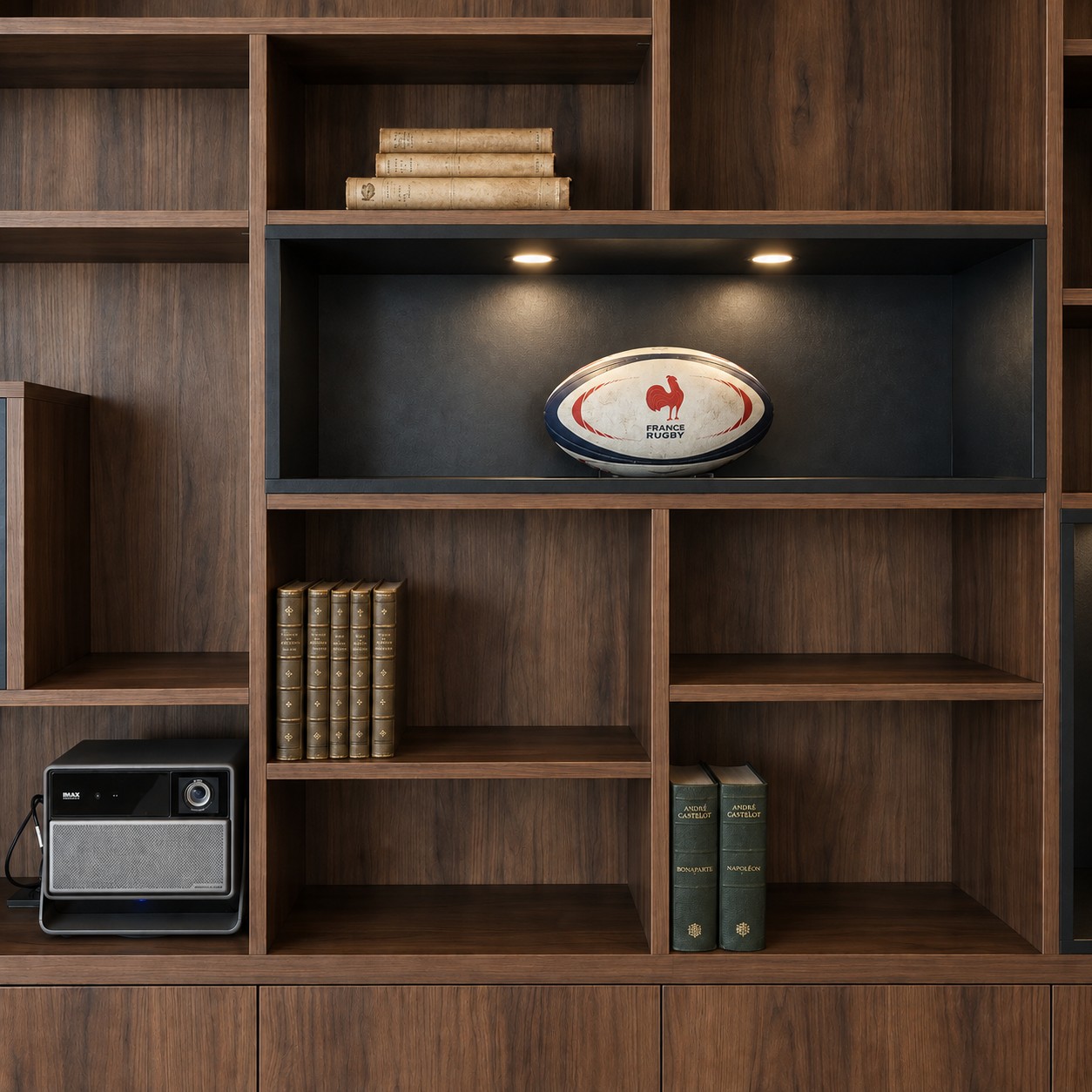 Niche anthracite éclairée et casiers en décor noyer