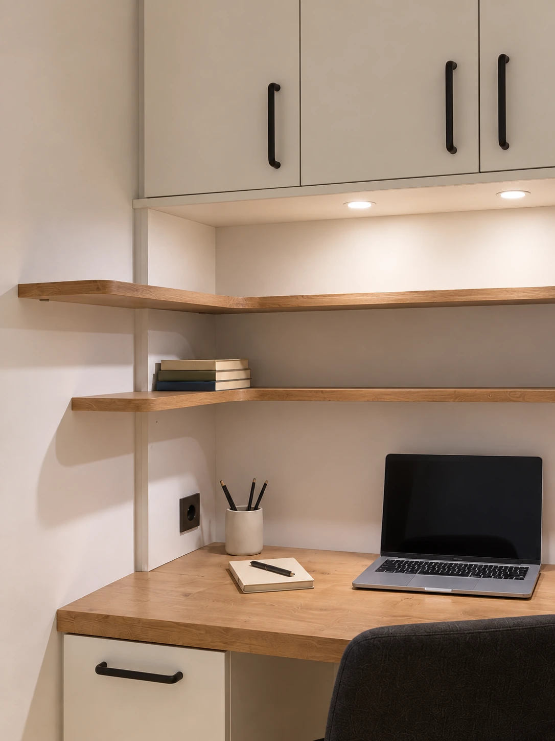 Étagères en décor bois, façades blanches et éclairages intégrés
