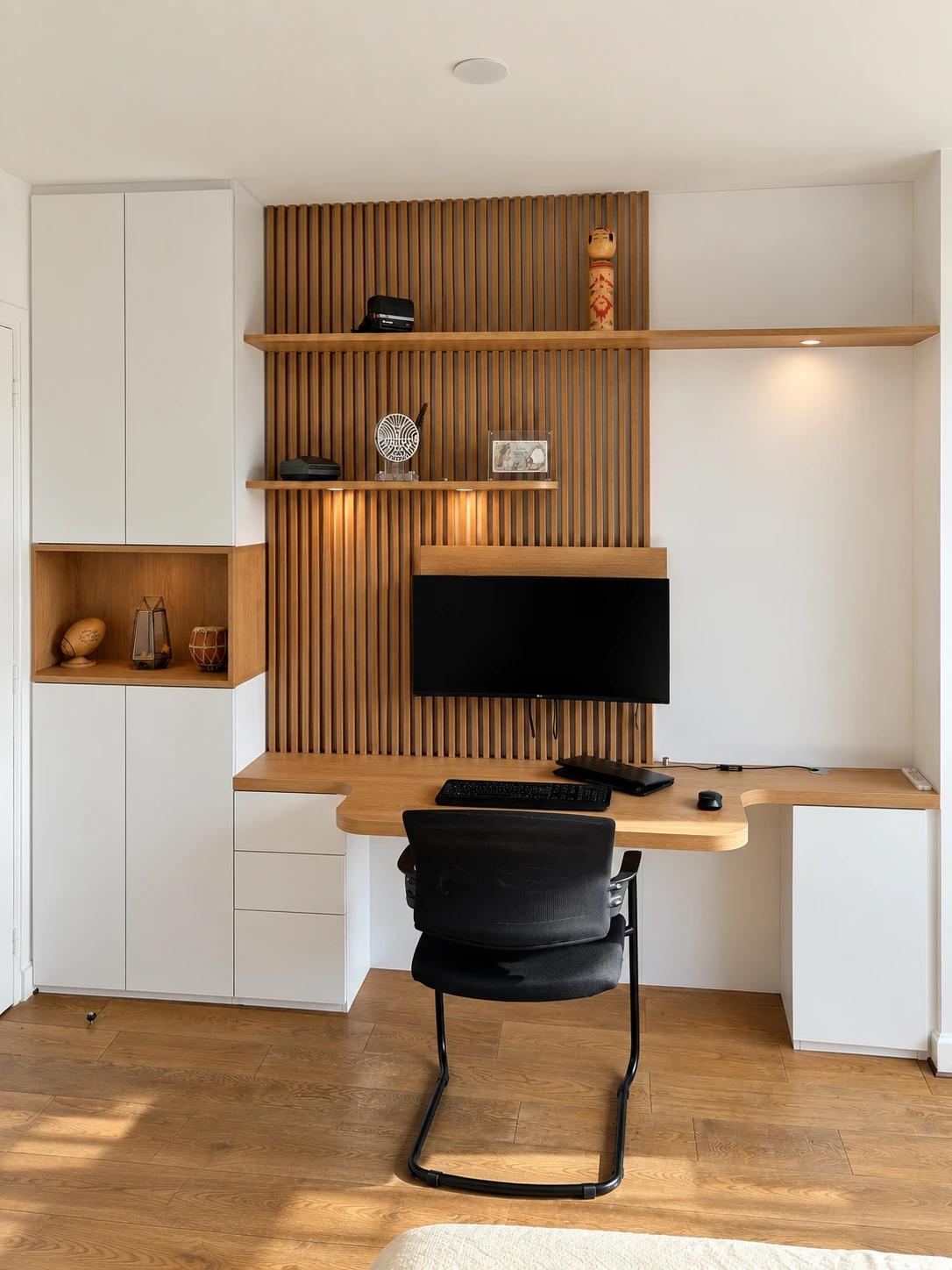 Bureau à tasseaux et rangements blancs à Rueil-Malmaison — vue d’ensemble