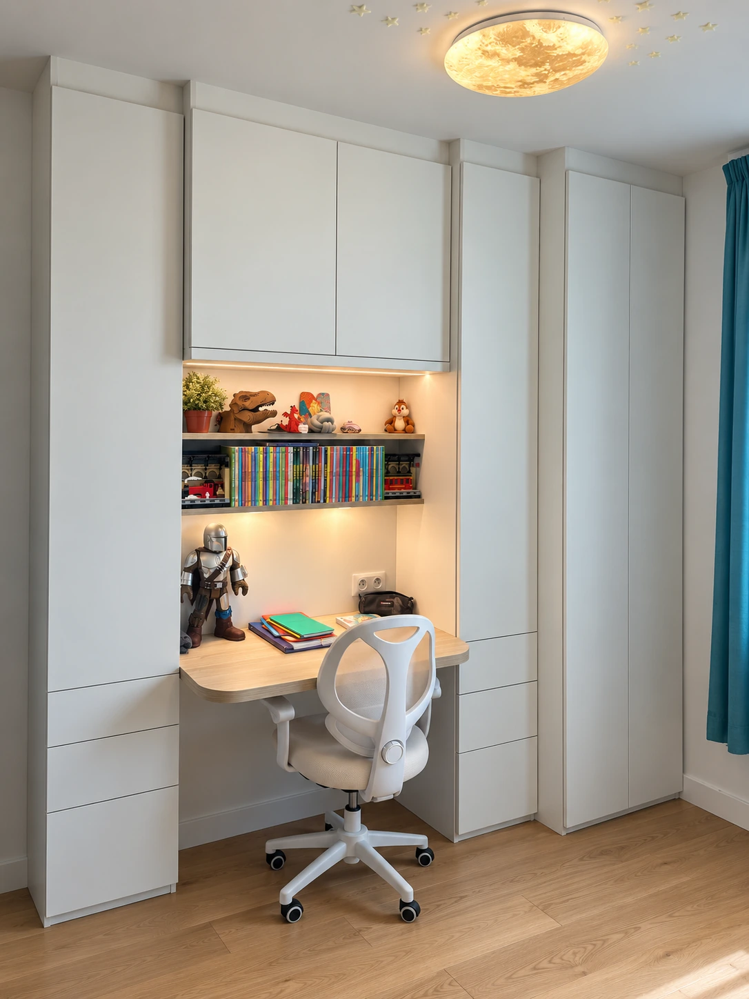 Bureau intégré et rangements blancs sur mesure dans une chambre à Versailles centre