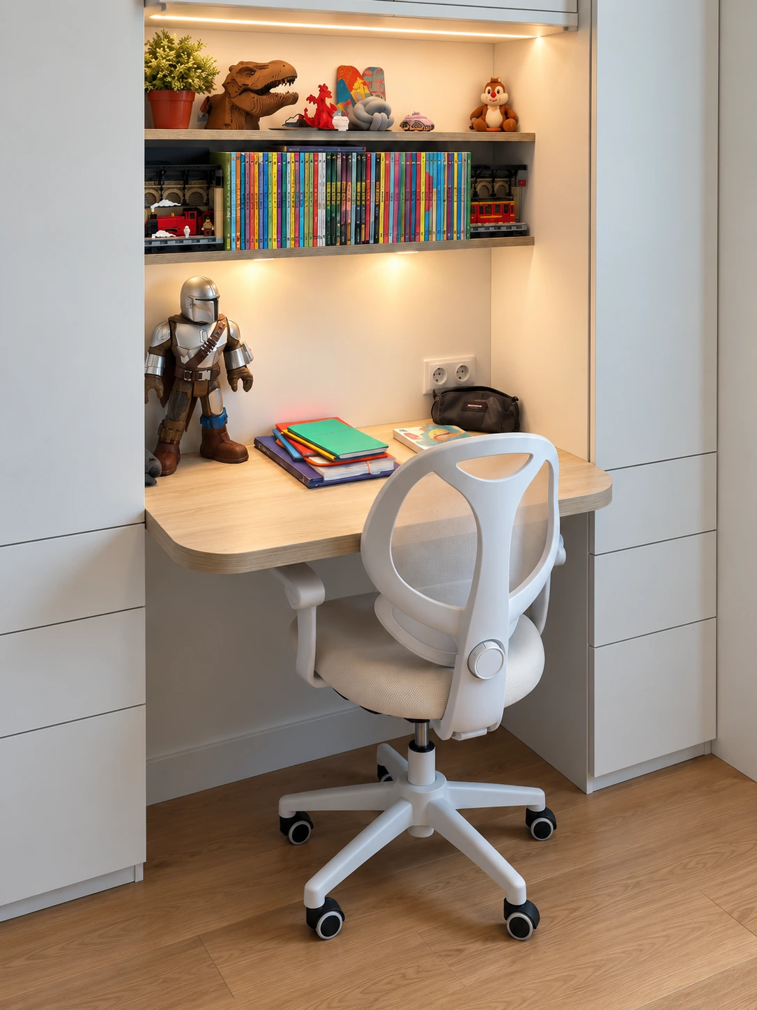 Bureau en décor bois avec fauteuil ergonomique et éclairage intégré