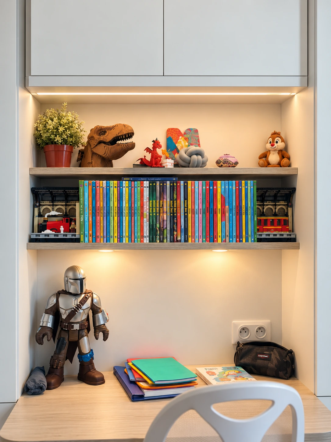Bibliothèque éclairée avec livres et objets personnels dans le bureau sur mesure
