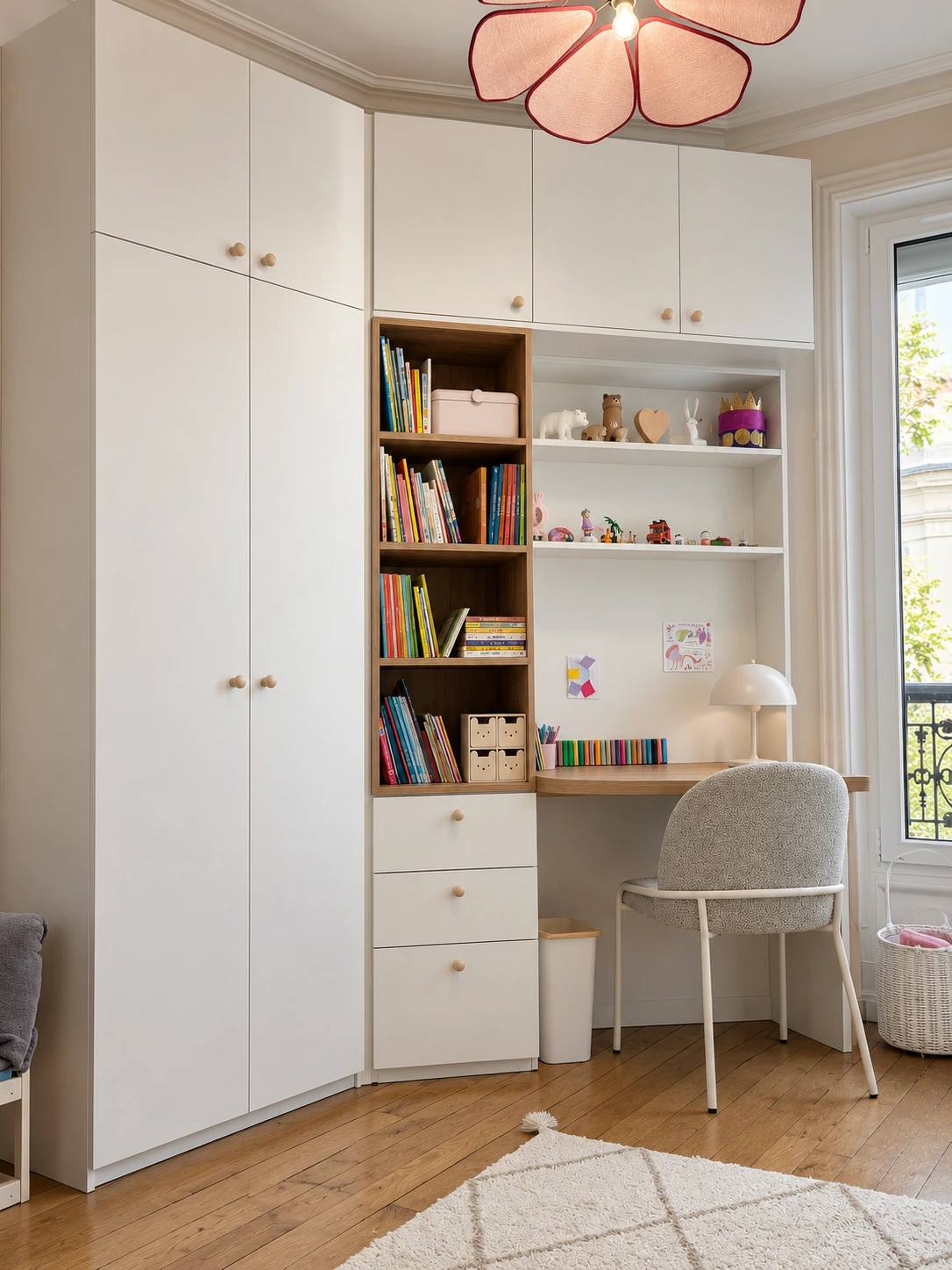 Dressing blanc, bibliothèque en bois et bureau sur mesure dans une chambre à Paris 16e