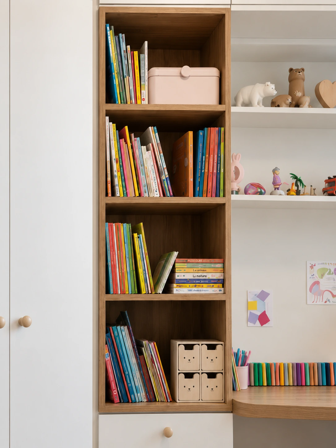 Colonne bibliothèque en décor bois avec livres et rangements dans la chambre