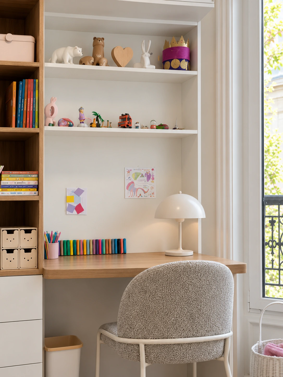 Bureau près de la fenêtre avec fauteuil gris et lampe blanche