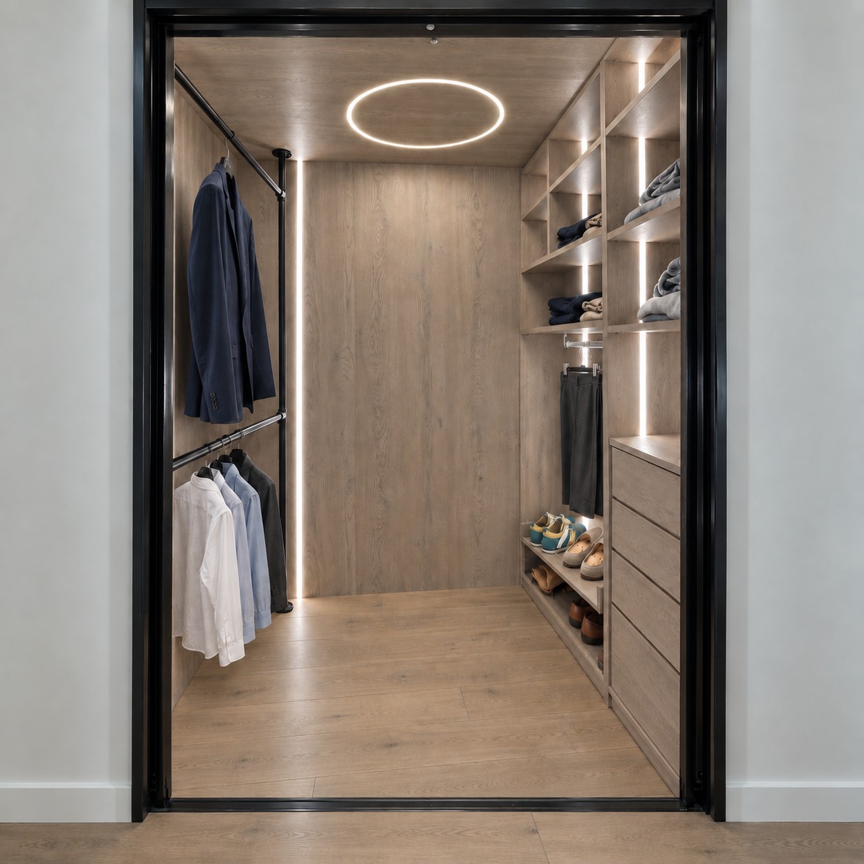 Dressing en habillage mural avec cercle lumineux au plafond à Paris 15e