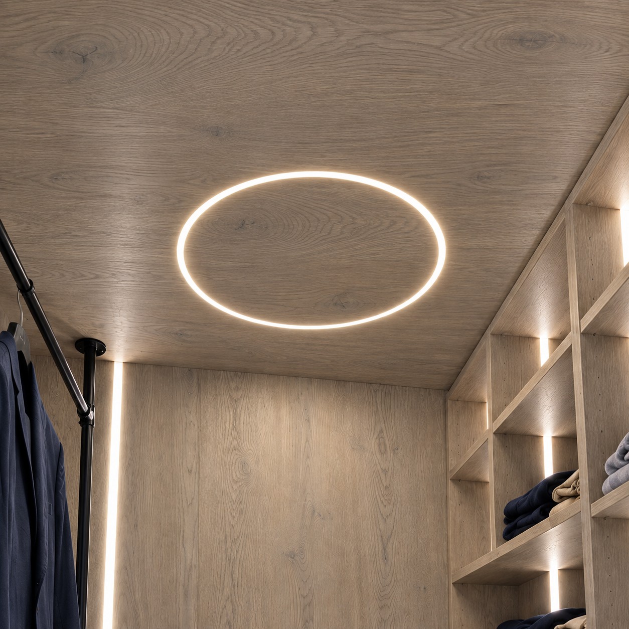 Le plafond lumineux du dressing en habillage mural à Paris 15e