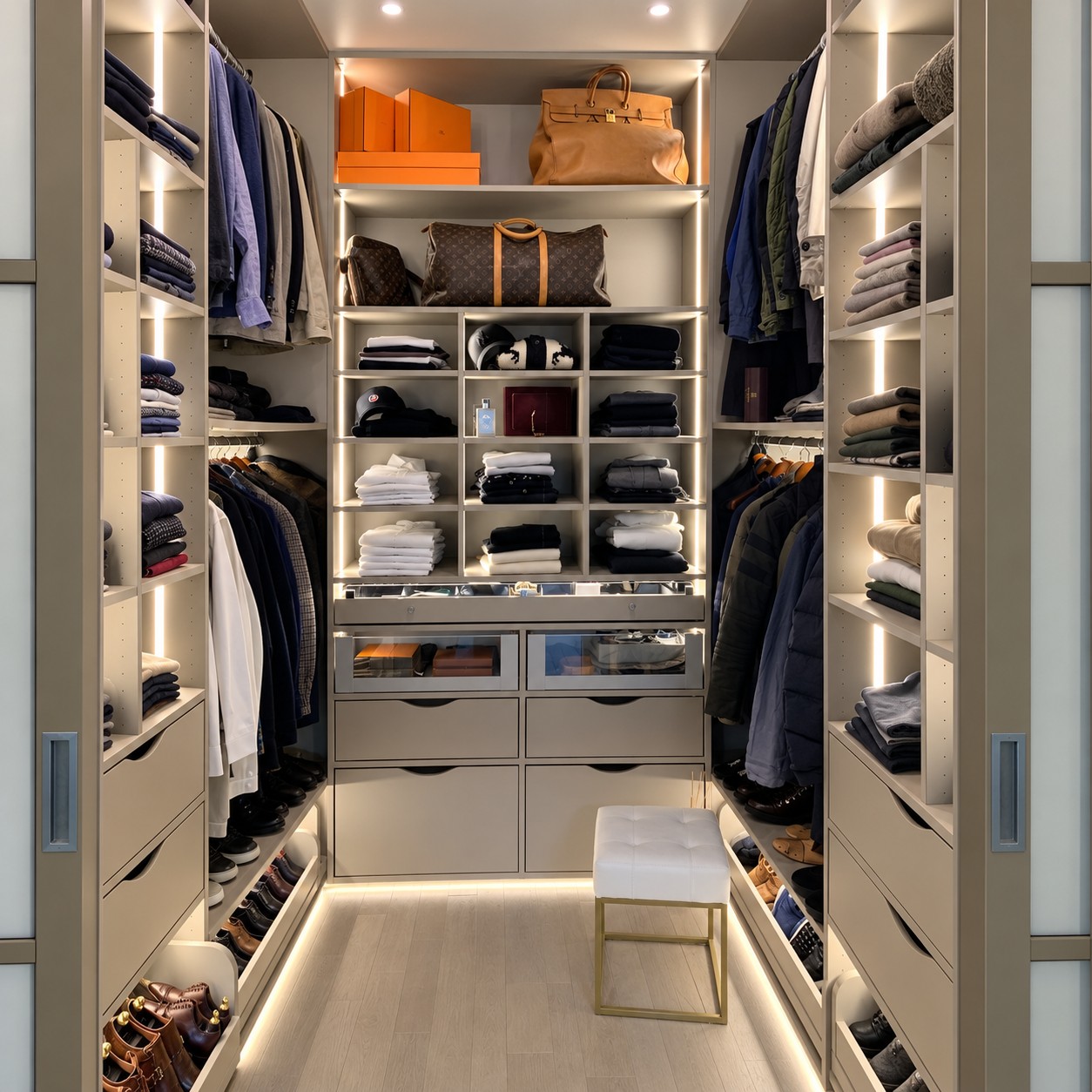 Dressing taupe avec penderies, tiroirs vitrés et éclairages intégrés à Boulogne-Billancourt