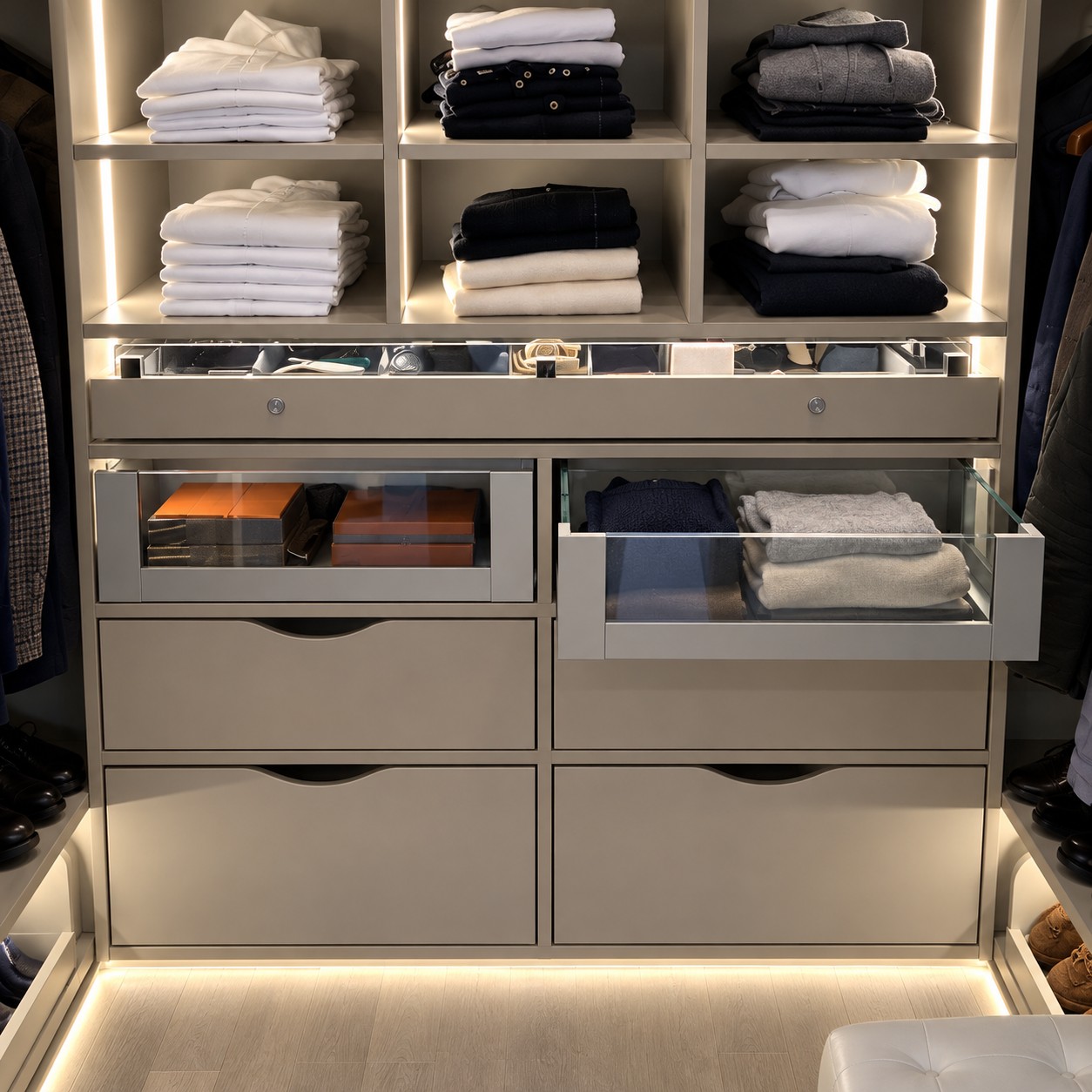 Les tiroirs vitrés du dressing taupe sur mesure à Boulogne-Billancourt