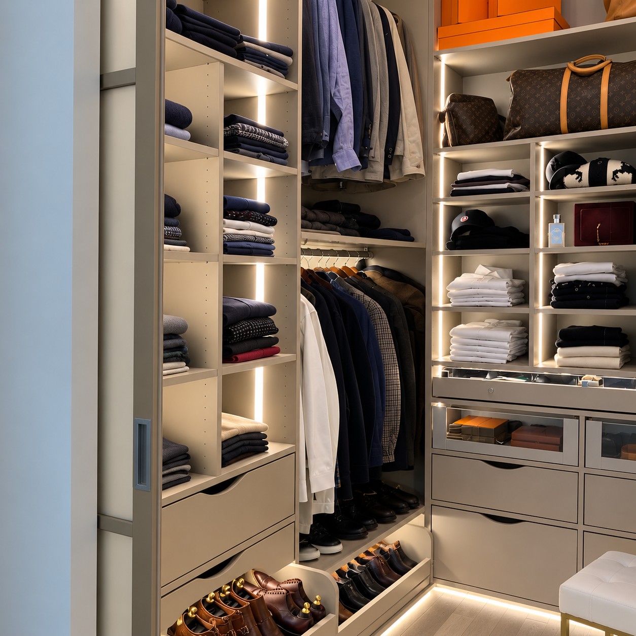 Les penderies éclairées du dressing taupe sur mesure à Boulogne-Billancourt