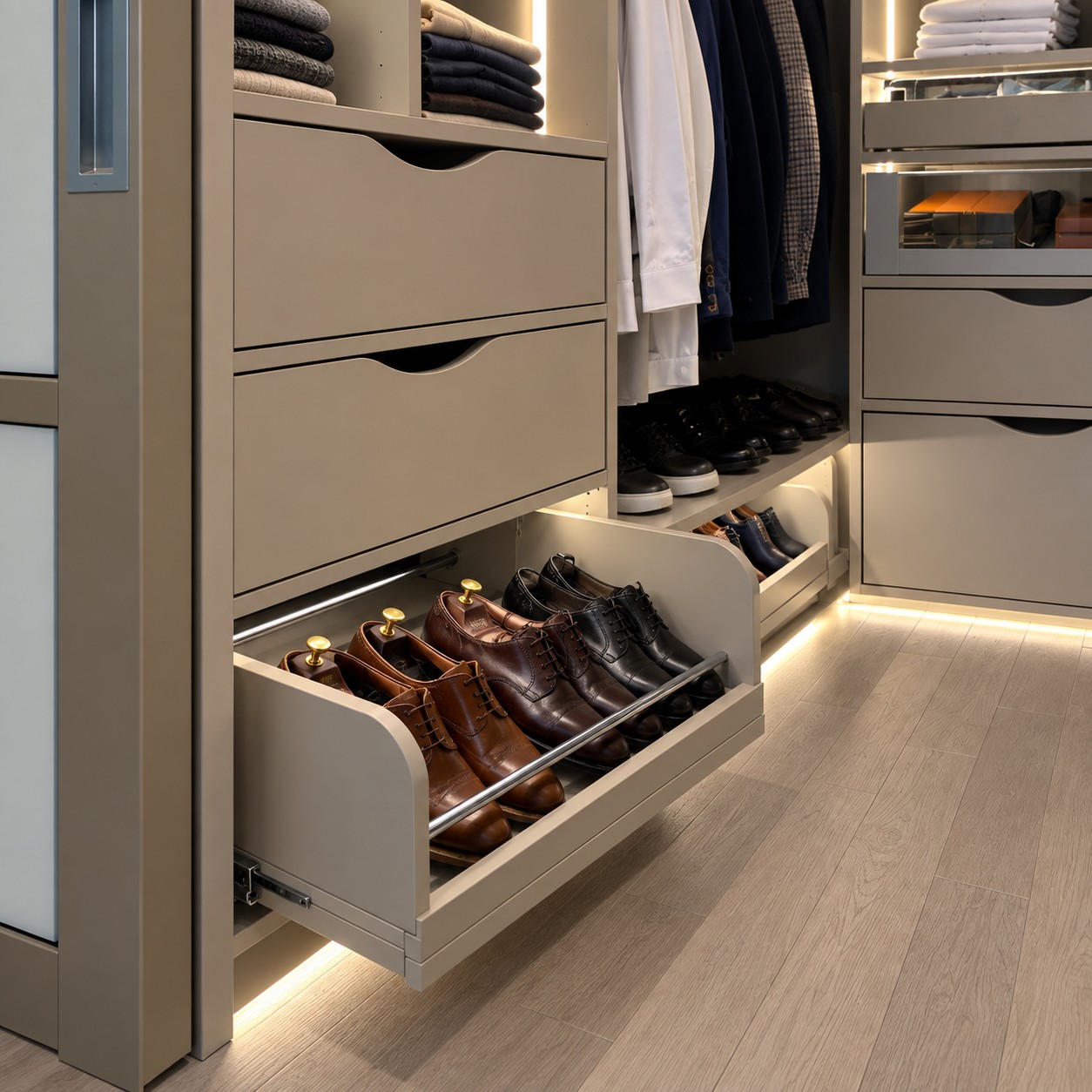 Les rangements à chaussures du dressing taupe sur mesure à Boulogne-Billancourt