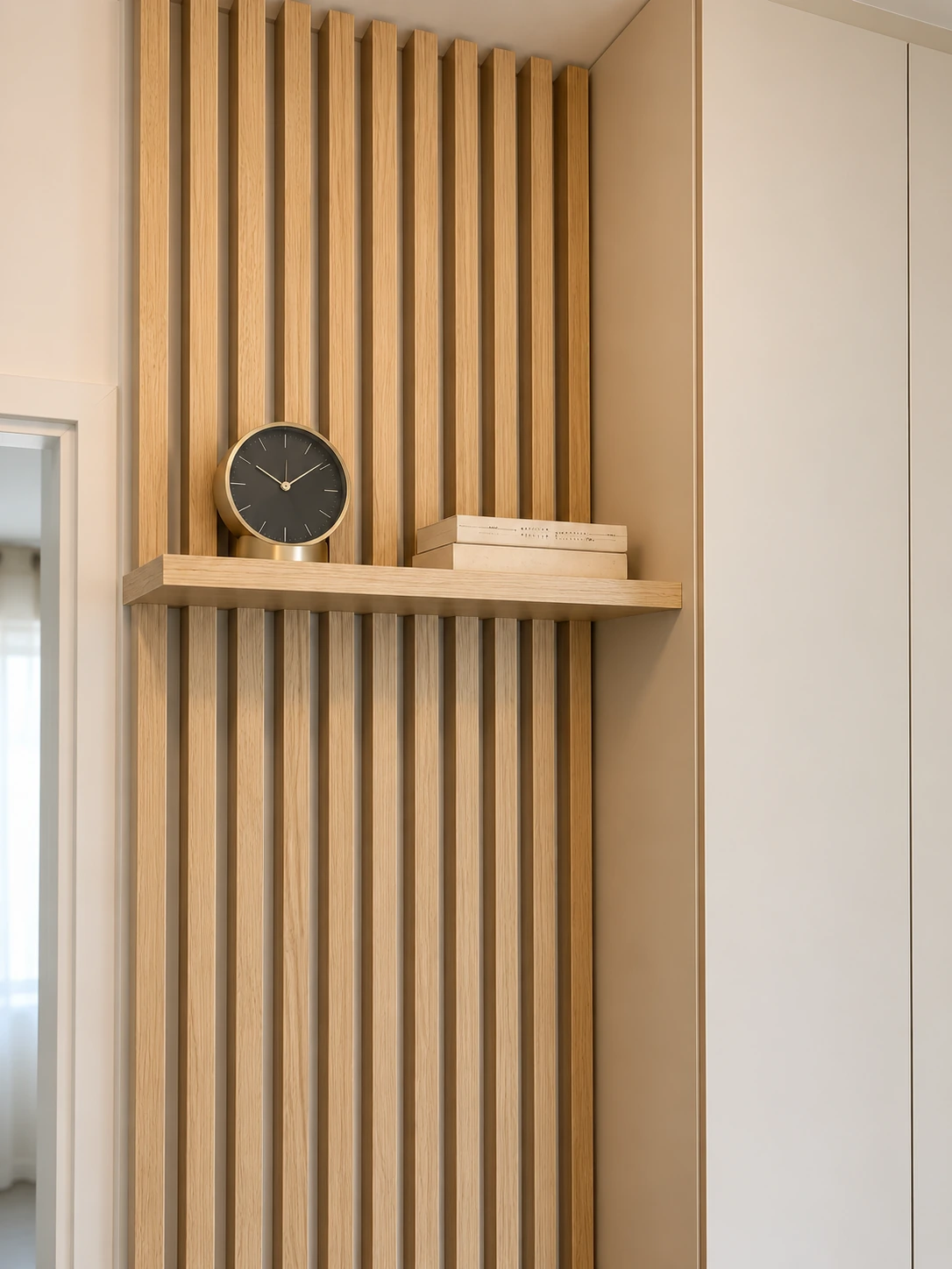 Détail du fond à tasseaux et de la tablette haute avec une petite horloge