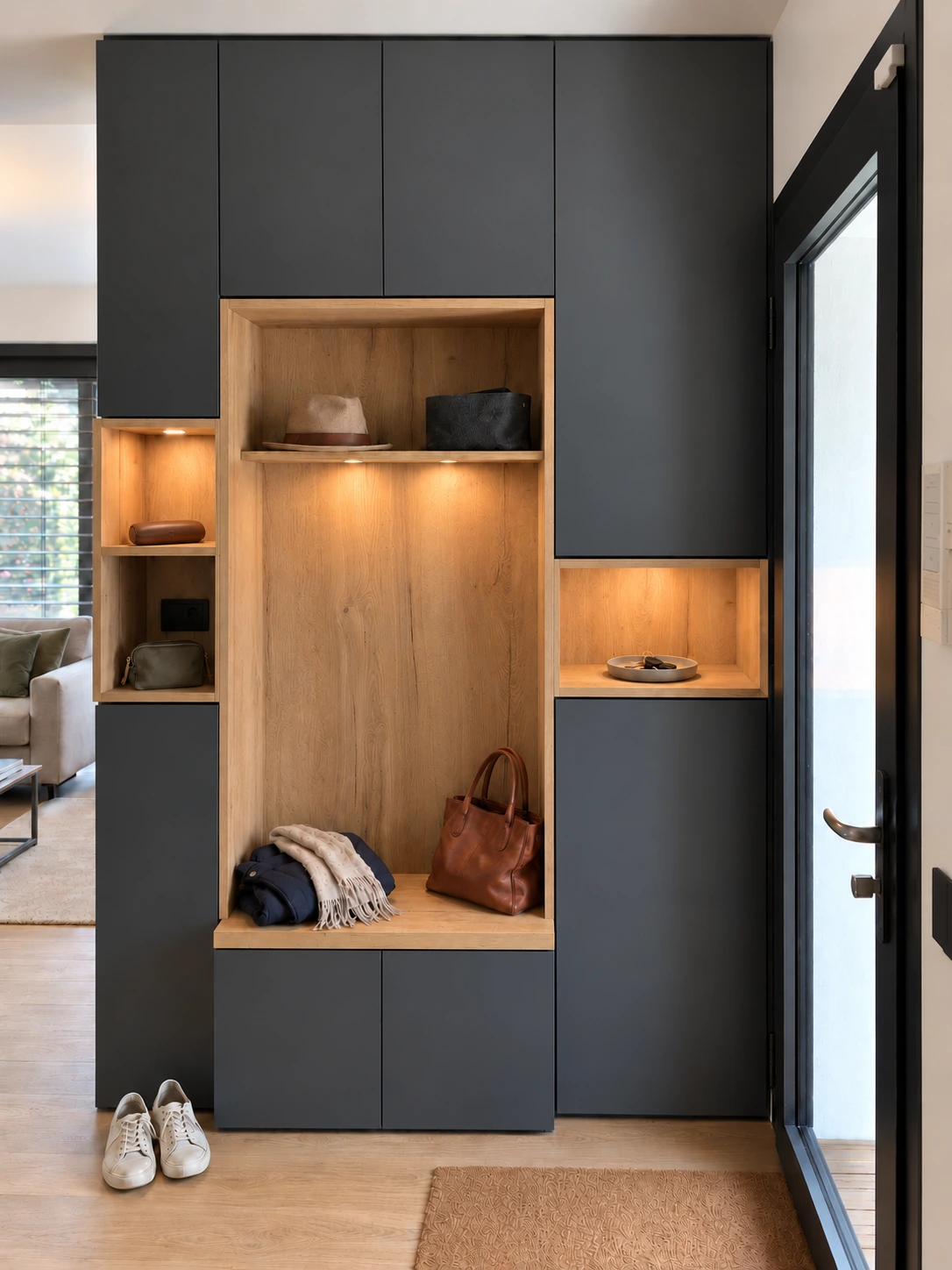 Vue d’ensemble du meuble d’entrée sur mesure à Suresnes, façades anthracite et banquette en décor bois