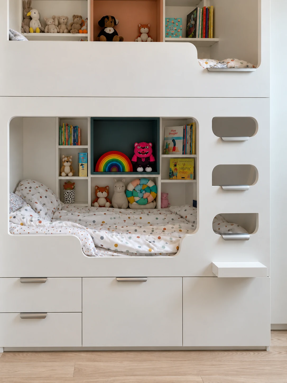 Couchage inférieur avec niche verte, arc-en-ciel et accès intégré dans la façade