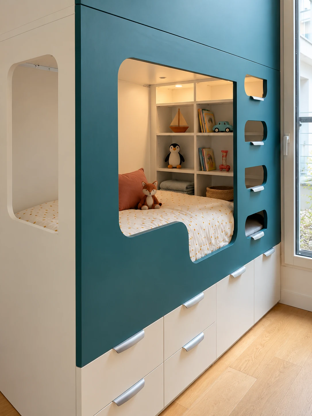 Couchage inférieur avec linge de lit ivoire, coussin et petite peluche dans la capsule bleue