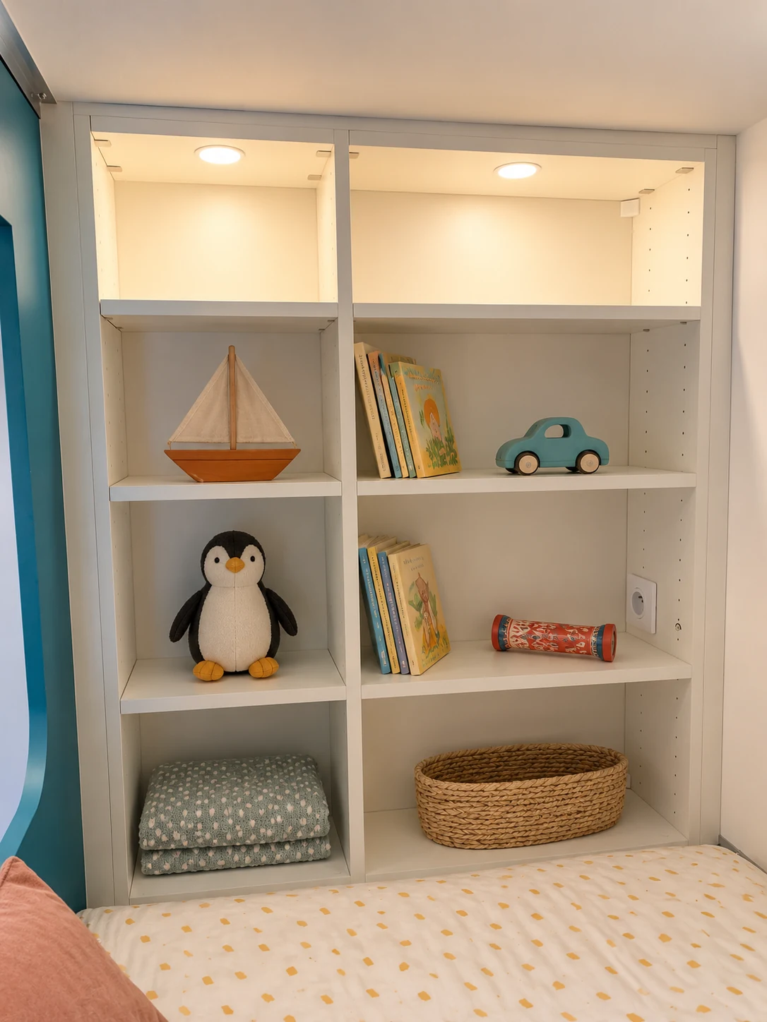 Niches blanches éclairées avec livres et petits objets pour enfants