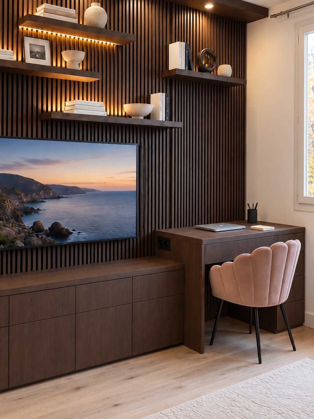 Bureau intégré en placage de bois exotique et chaise coquillage
