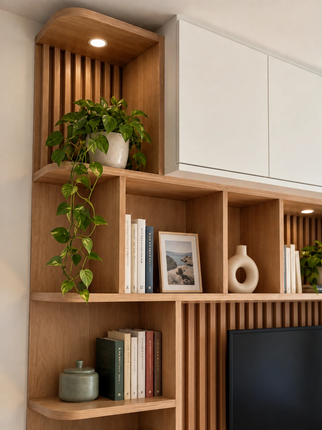 Niche haute éclairée, plante et livres de la bibliothèque