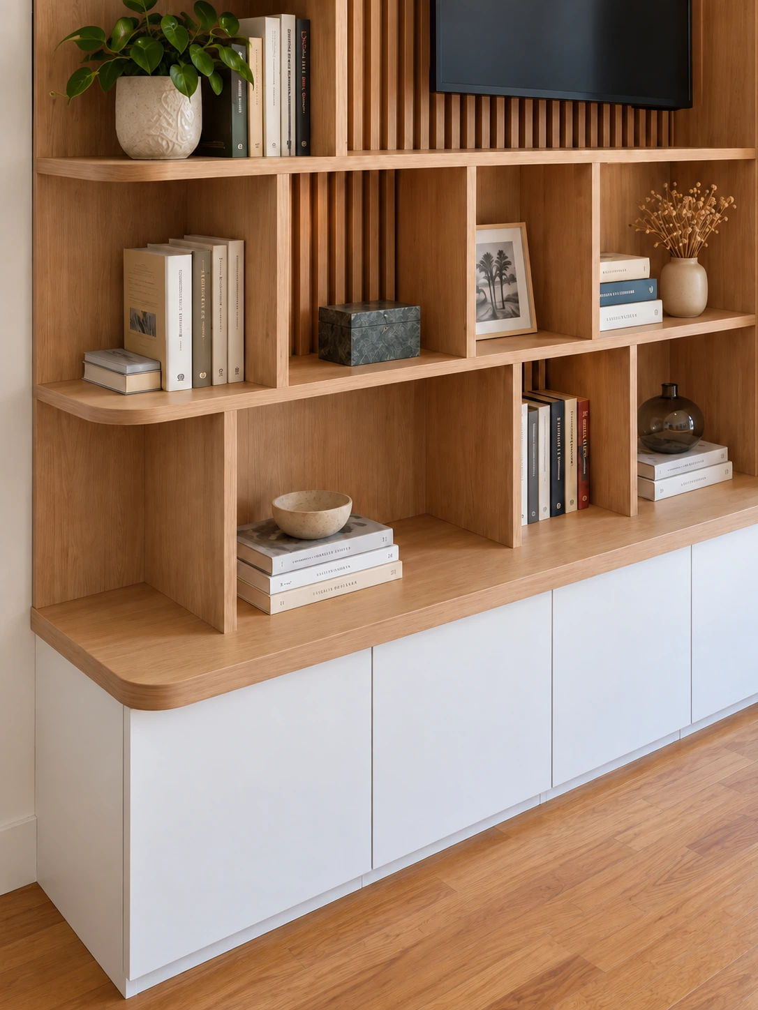 Niches en décor bois, livres et rangements bas fermés blancs