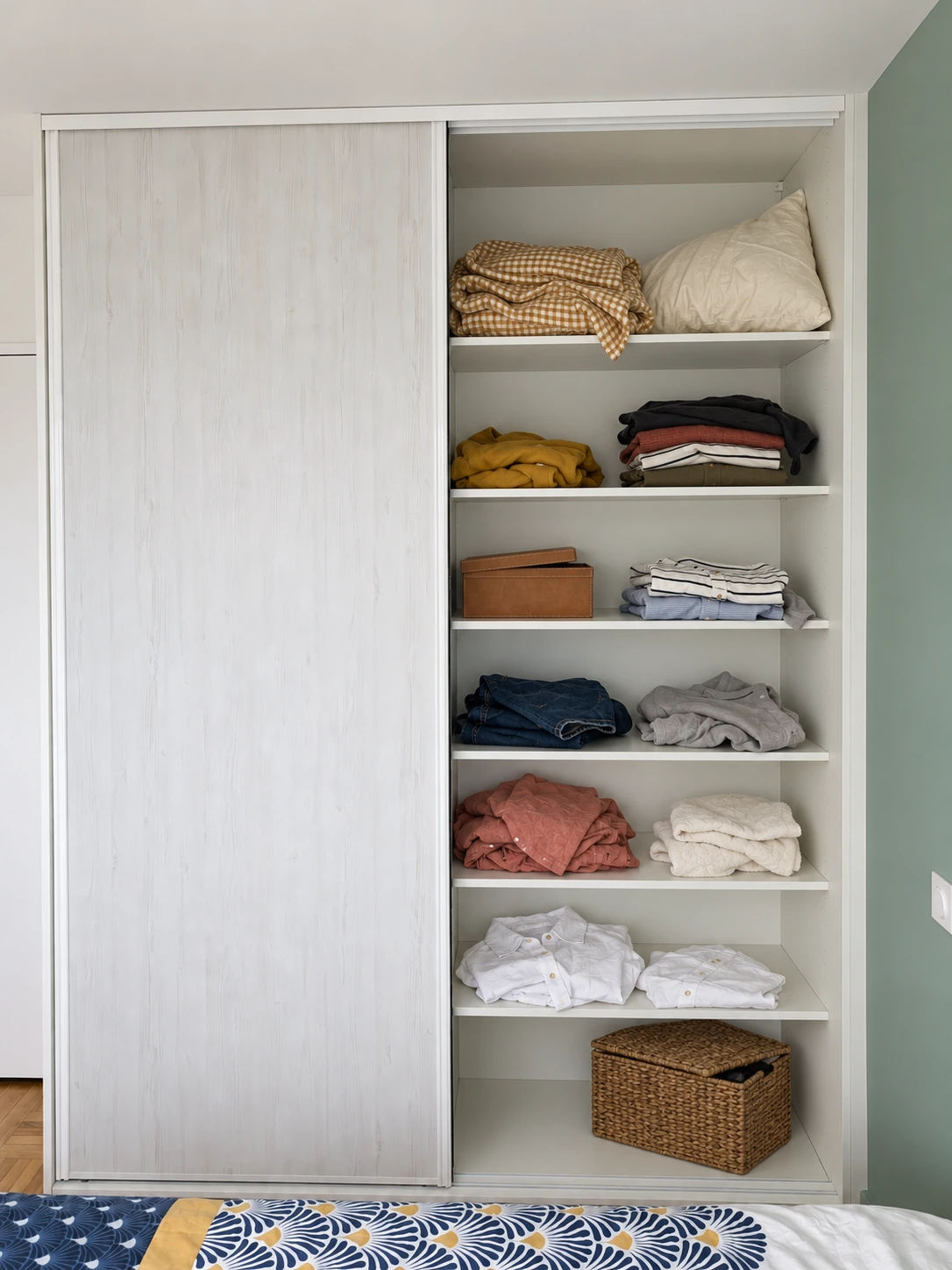 Colonne d’étagères avec vêtements, linge et accessoires