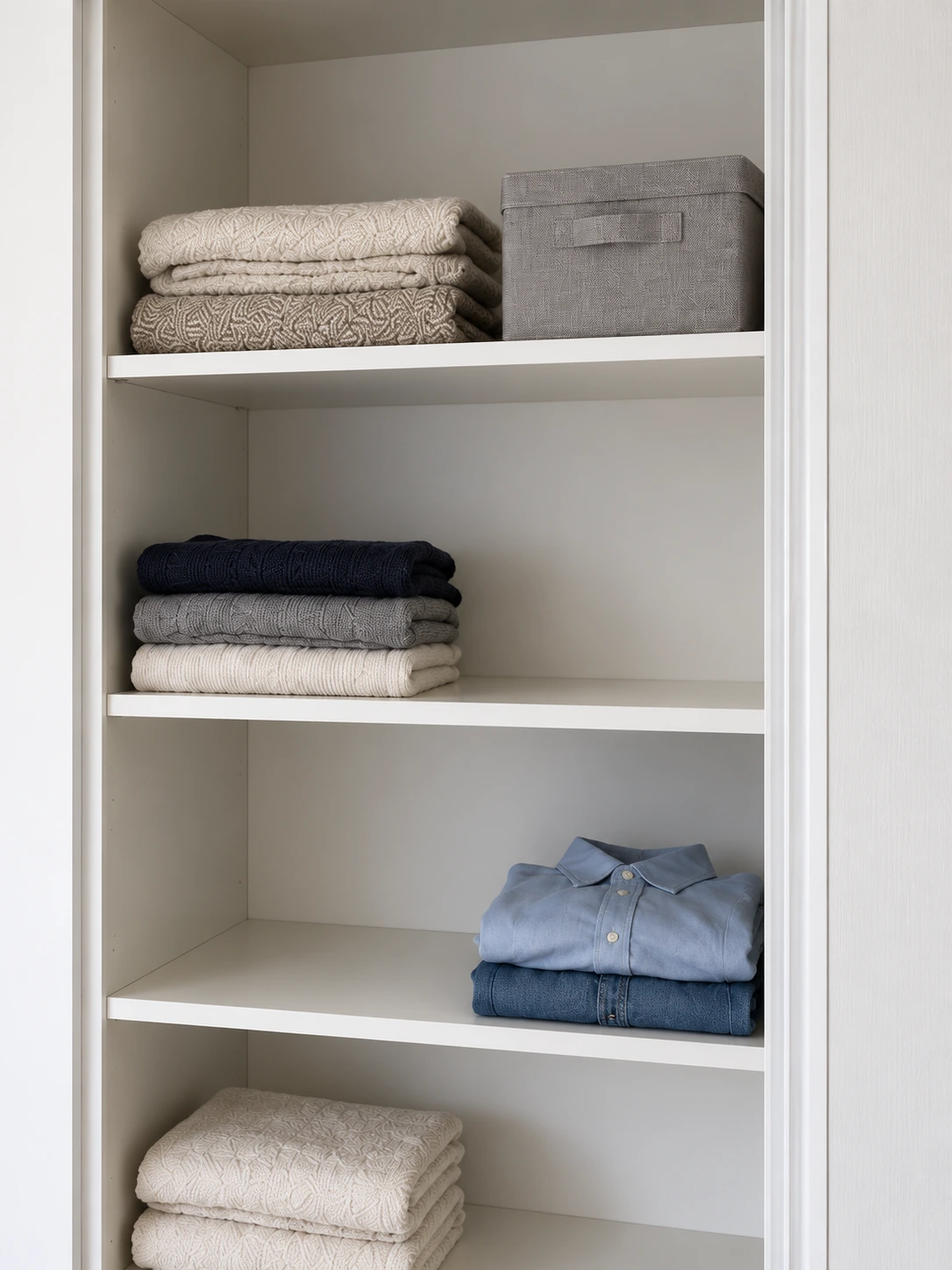 Étagères du placard avec vêtements pliés et linge de maison