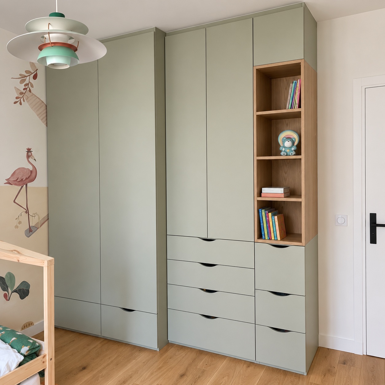 Placard vert sauge dans une chambre d’enfant avec niches en bois et tiroirs