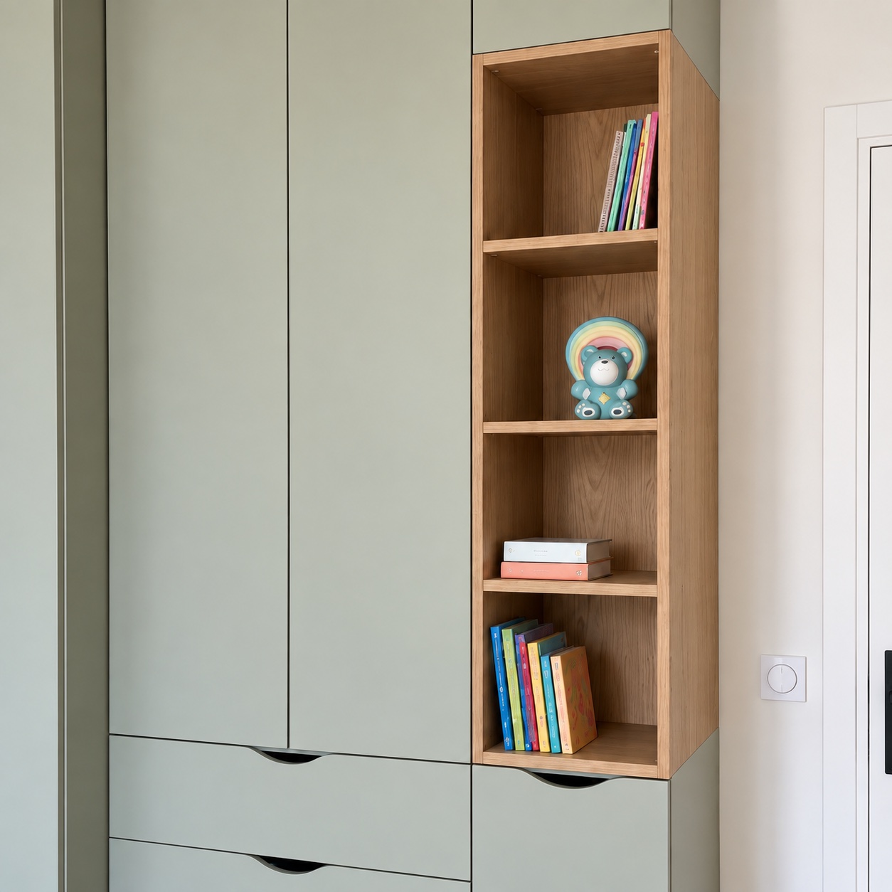 Détail des niches en décor bois avec livres et figurine