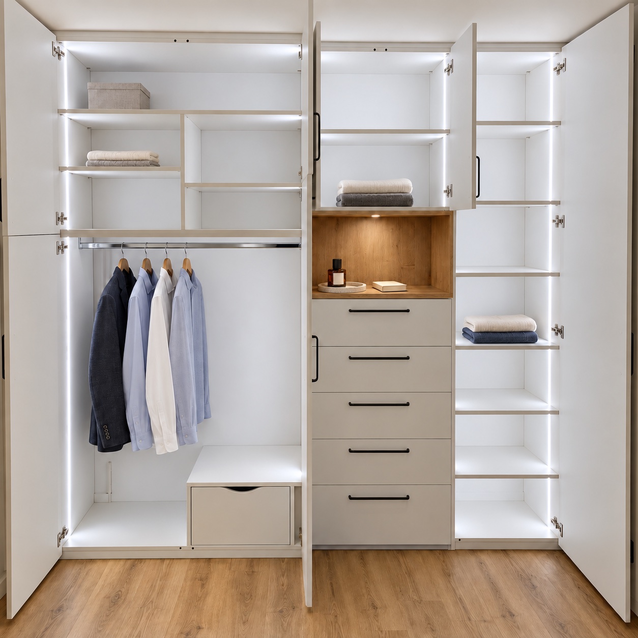 Intérieur du placard avec penderie, étagères et éclairage intégré