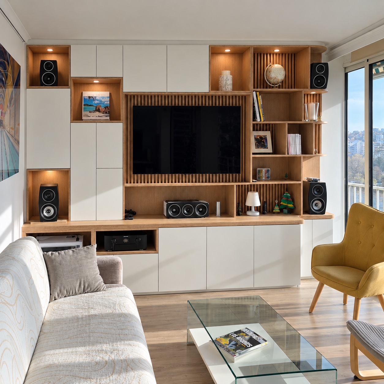 Meuble télé blanc et bois avec niches éclairées et enceintes intégrées à Boulogne-Billancourt