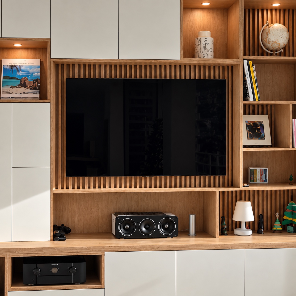 Télévision sur un fond à tasseaux en décor bois