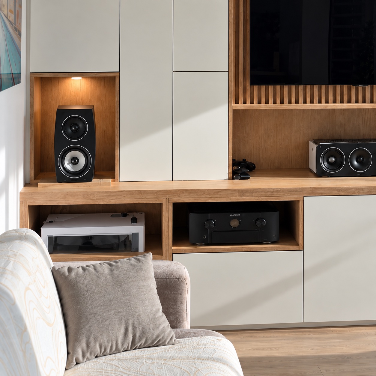 Enceinte et appareils audio intégrés dans le meuble sur mesure