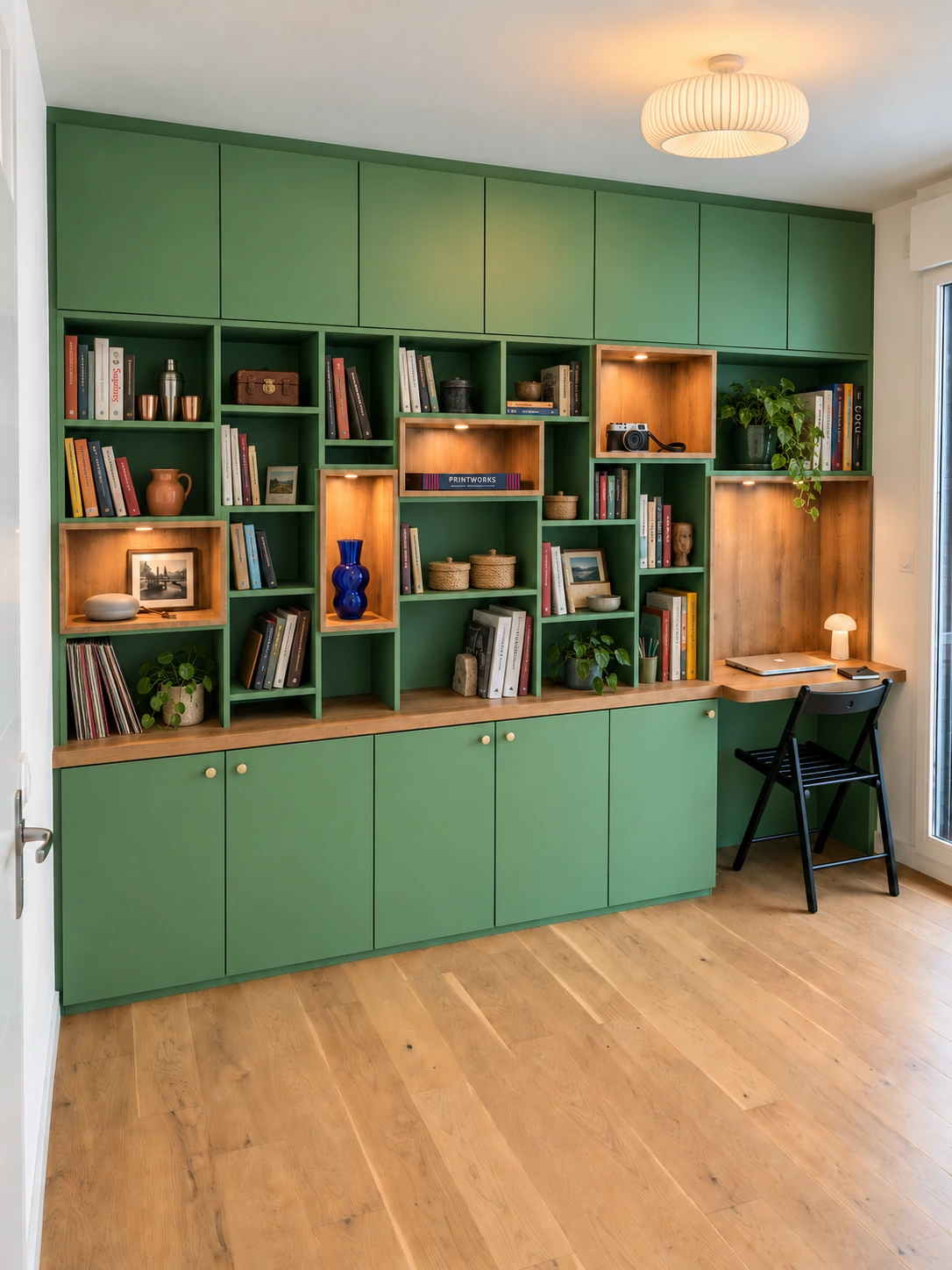 Meuble de salon vert et bois avec bibliothèque et bureau intégré à Paris 14e