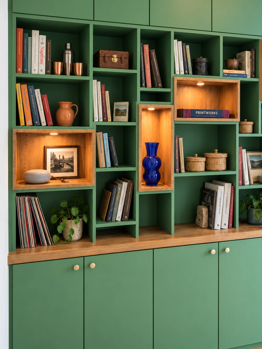 Niches en décor bois éclairées et étagères de la bibliothèque verte