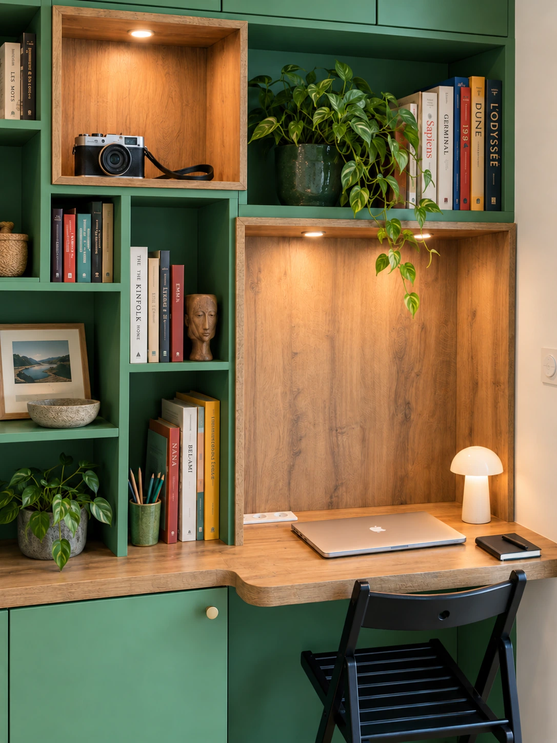 Bureau intégré en décor bois avec rangements et éclairage