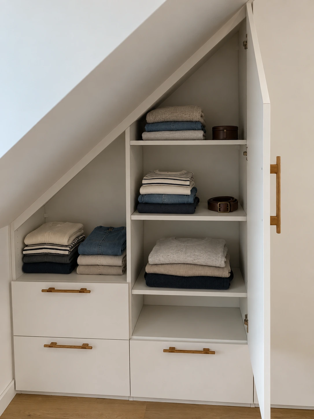 Rangements intérieurs et vêtements pliés dans le placard sous pente