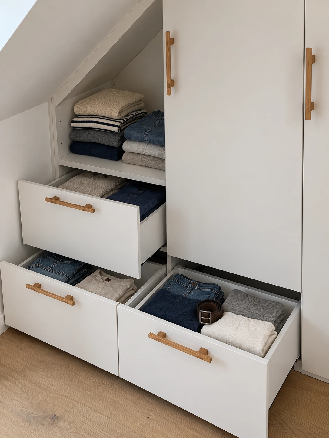 Les trois tiroirs du placard sous pente avec vêtements et accessoires
